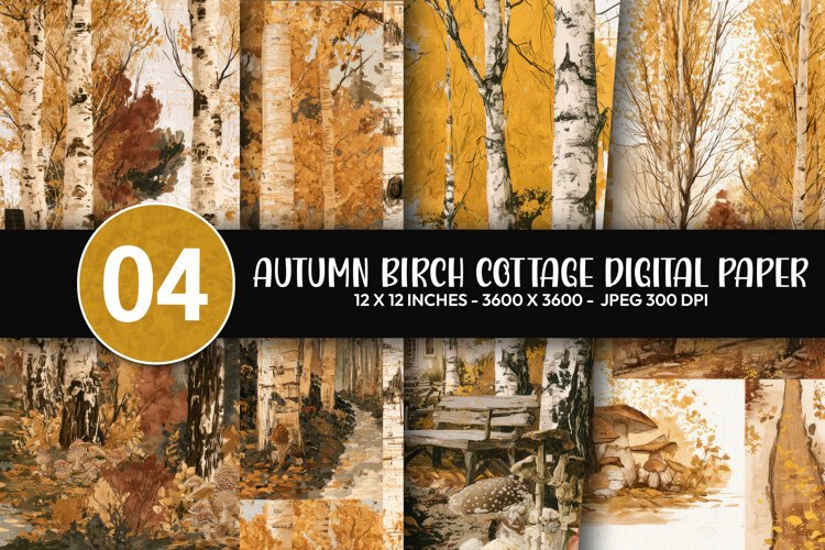 Autumn Birch Cottage Digital Paper example image 1