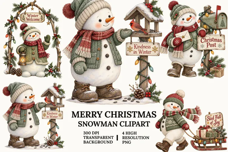 Merry Christmas Snowman Clipart with Pine, Tree and Lights