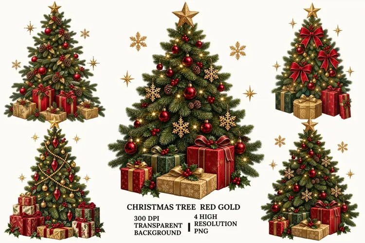 Christmas Tree PNG, Red Gold Holiday Decoration Sublimation