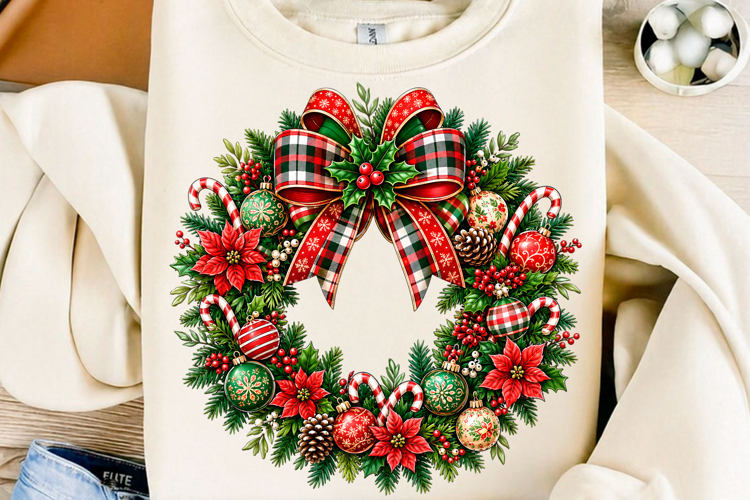 Festive Plaid Christmas Wreath PNG