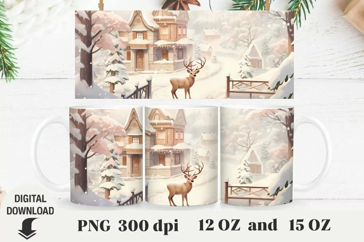 Christmas Mug Wrap, Christmas landscape Mug Sublimation