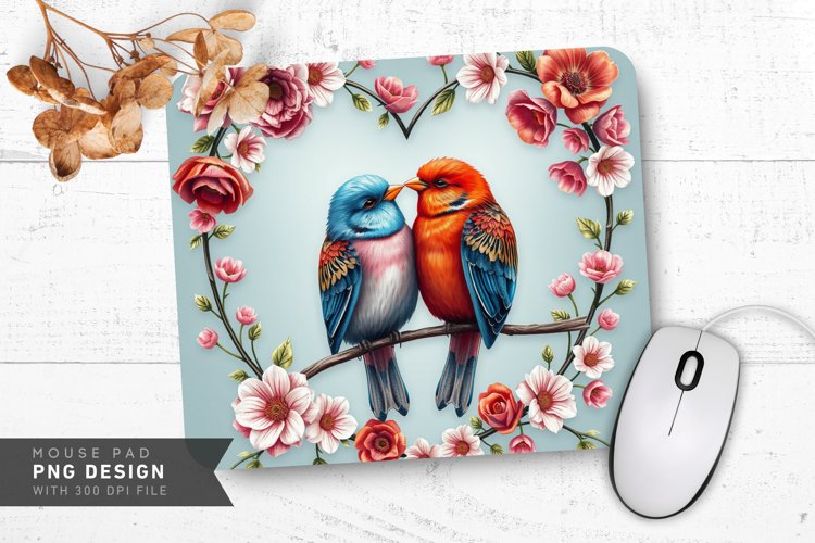 Floral Heart Lovebirds Mouse Pad PNG Design example image 1