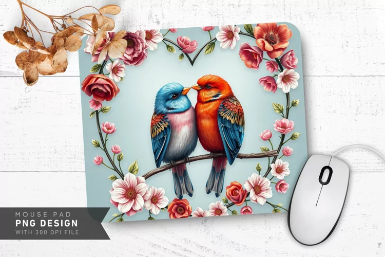 Floral Heart Lovebirds Mouse Pad PNG Design