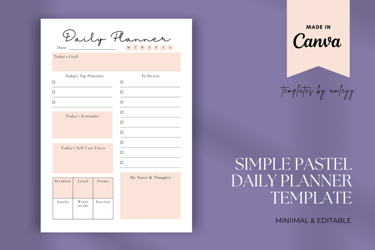 Simple Pastel Daily Planner Template Canva Editable, Minimal