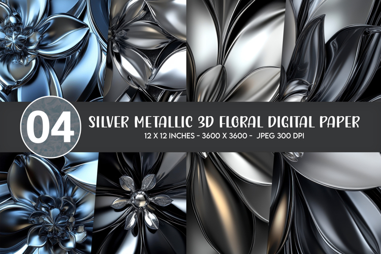 Silver Metallic 3D Floral Digital Paper example image 1