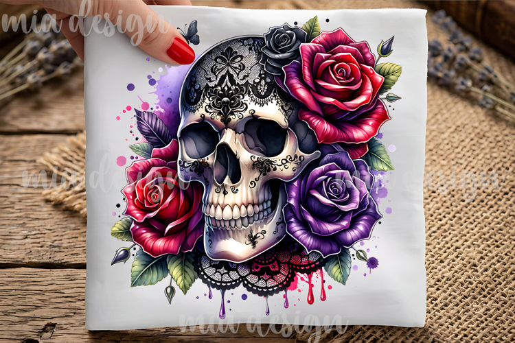 Gothic Lace Skull PNG Floral Red Purple Roses Sublimation
