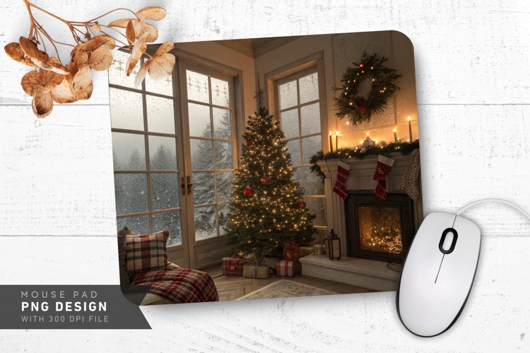 Vintage Holiday Living Room with Tree Mouse Pad PNG Design