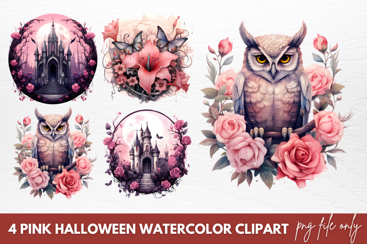 Pink Halloween Watercolor Clipart