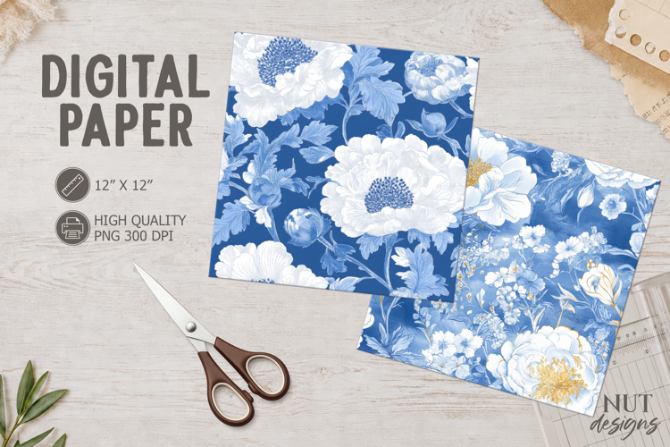 Blue White Peony Floral Paper Chinoiserie flowers