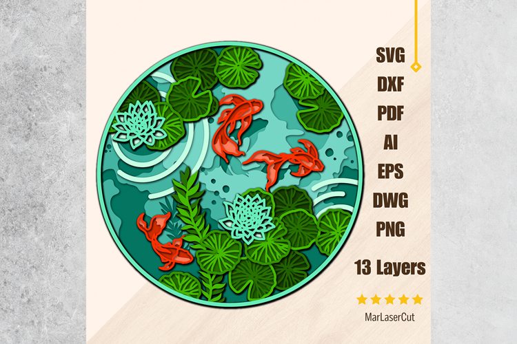Multilayer Koi Fish Pond Laser Cut 3D File Mandala SVG