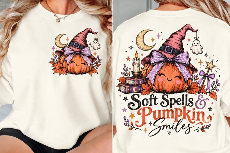 Pumpkin Witch Front Back Shirt Design, Cute Witch Pumpkin Fr example image 1