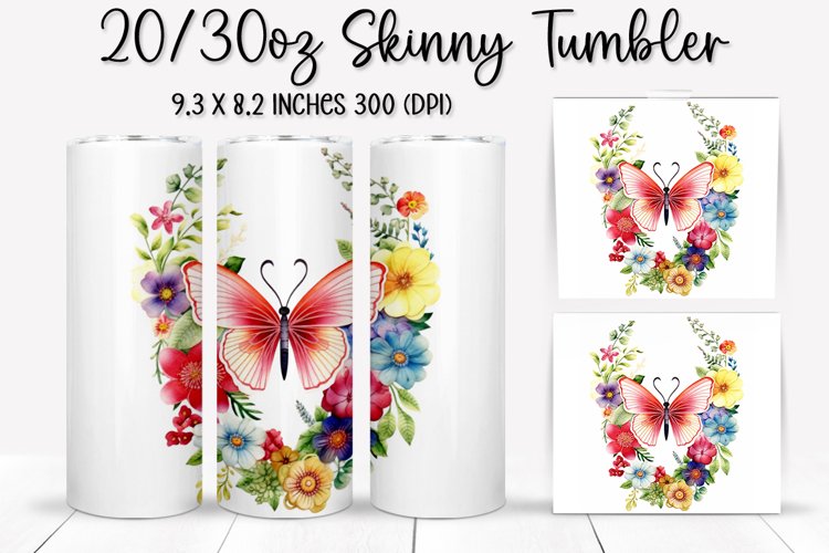 Rainbow Butterfly and Flowers - Tumbler Sublimation Design