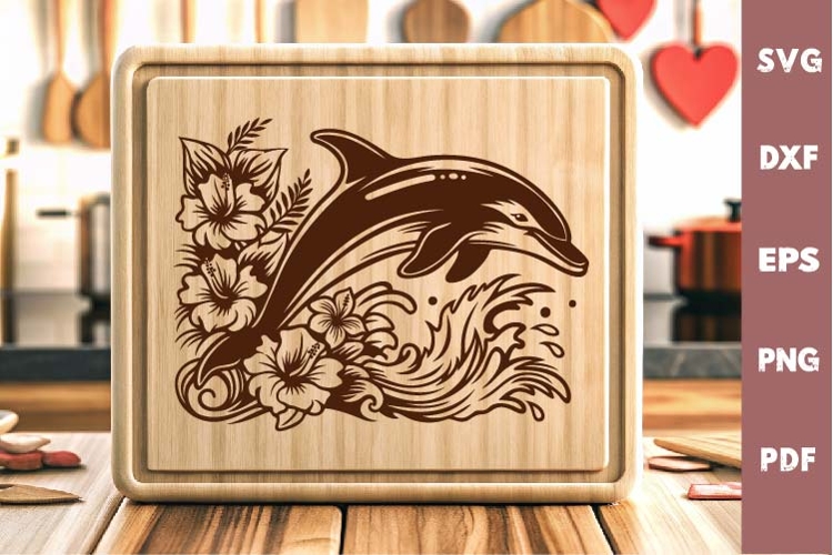 Dolphin Design, Tropic flowers, Cutting board Laser SVG