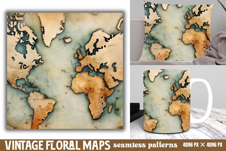 Vintage Floral Maps Seamless Patterns Backgrounds, example image 1