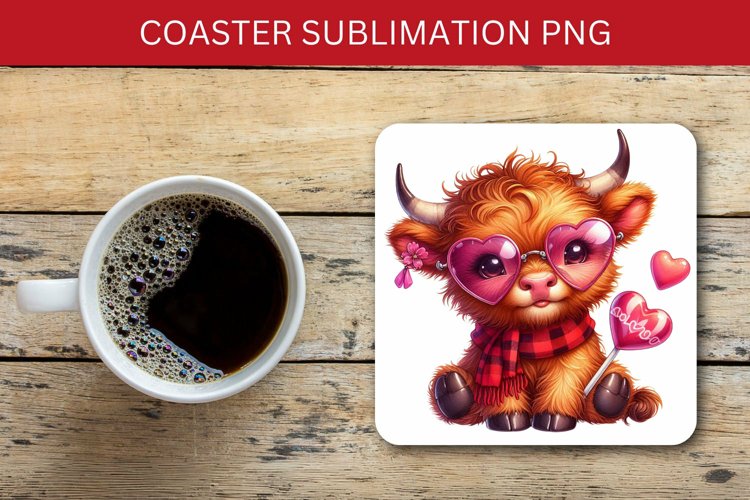 valentine square coaster - highland cow heart