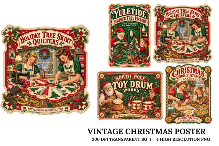 Vintage Christmas Poster PNG Retro Holiday Sublimation Craft