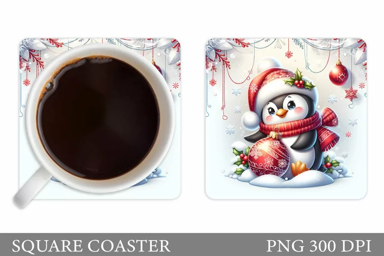 Cute Penguin Coaster Sublimation. Christmas Coaster Design