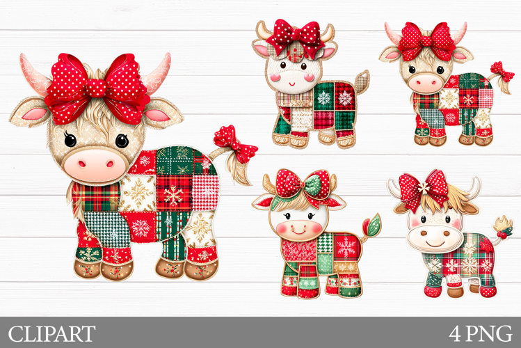 Christmas Cow Clipart. Patchwork Christmas Clipart