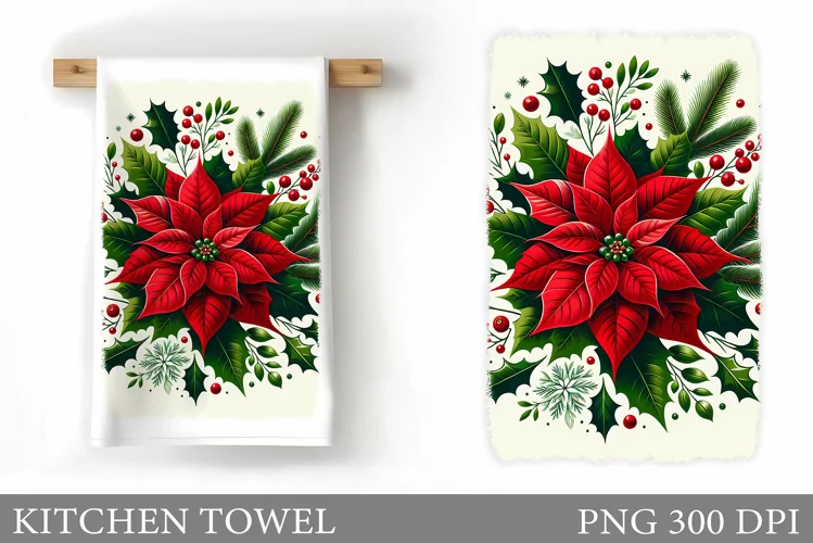 Poinsettia Kitchen Towel. Christmas Kitchen Towel Design