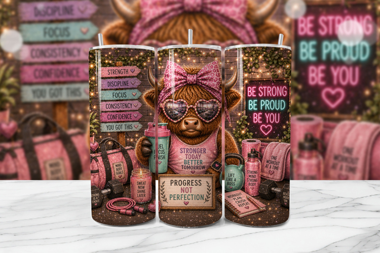 Gym Motivation Cow Tumbler Wrap PNG
