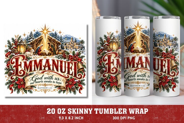 Emmanuel Christmas Tumbler Wrap, Christian Christmas 20oz Tu example image 1