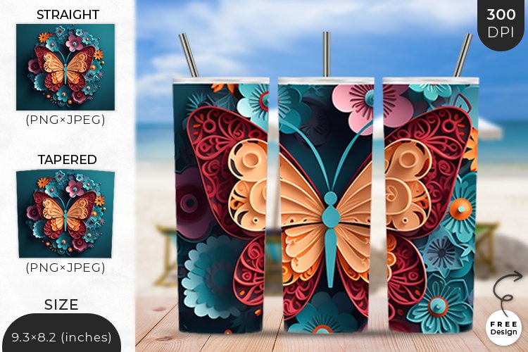 3D Butterfly Tumbler Wrap| 3D Sublimation Wrap Design