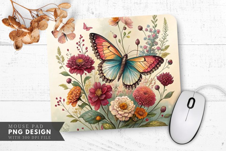 Butterfly and Floral Pressed Flower Mouse Pad PNG Design example image 1