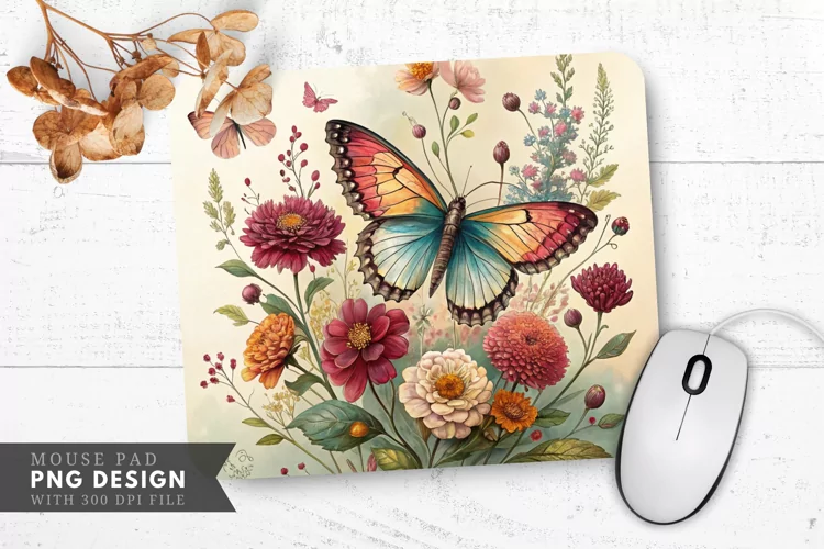 Butterfly and Floral Pressed Flower Mouse Pad PNG Design