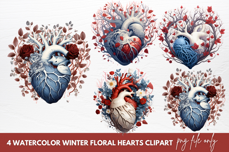 Watercolor Christmas Floral Hearts Clipart
