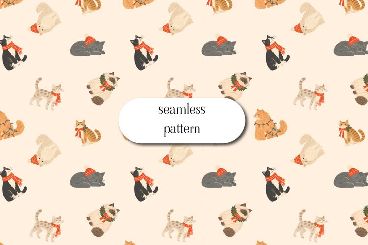 Seamless Christmas Cats Pattern on Cream Background example image 1