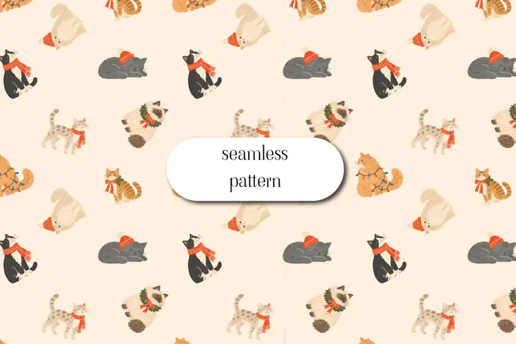 Seamless Christmas Cats Pattern on Cream Background
