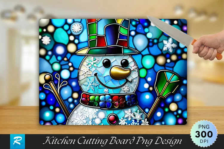Stained Glass Snow Man Cutting Board Sublimation Design