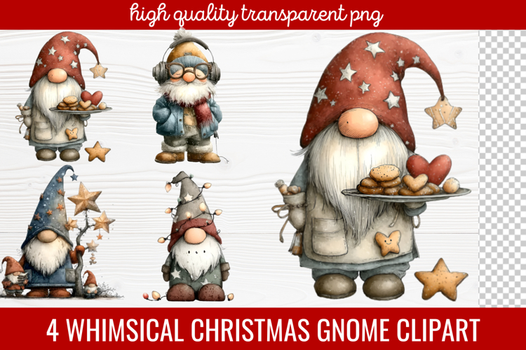 4 Whimsical Christmas Gnome Clipart | Cute Holiday Gnome PNG
