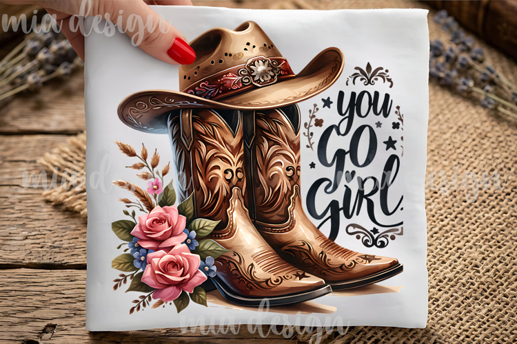 You Go Girl PNG Cowboy Boots Hat Western Floral Sublimation