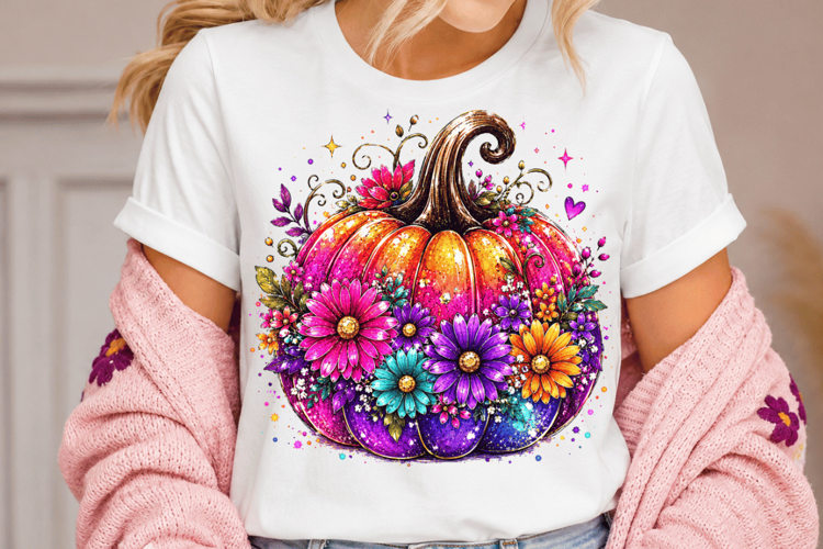 Colorful Floral Pumpkin PNG, Bright Fall Pumpkin Sublimation