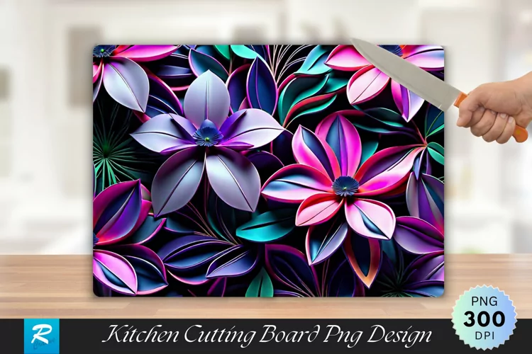 3D Neon Floral Cutting Board Sublimation Design