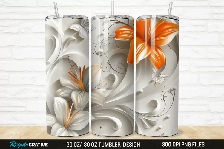 3D And Orange Lily Butterfly Floral 20/30oz Skinny Tumbler