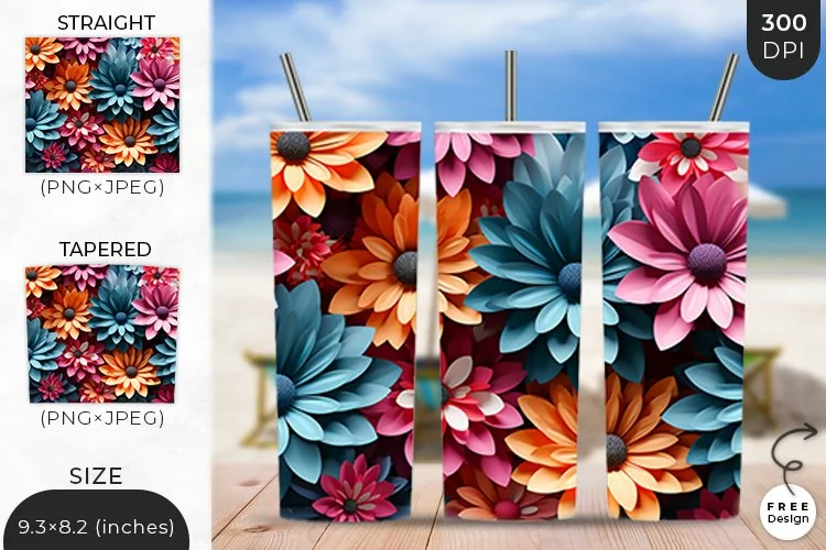 3D Flowers Tumbler Wrap | 3D Floral Sublimation Design