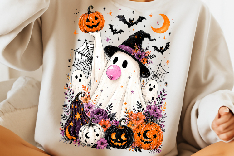 Ghost Blowing Bubble Gum PNG, Brushstroke Halloween PNG, Boo example image 1
