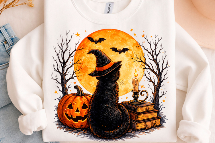Witchy Black Cat Pumpkin Halloween PNG