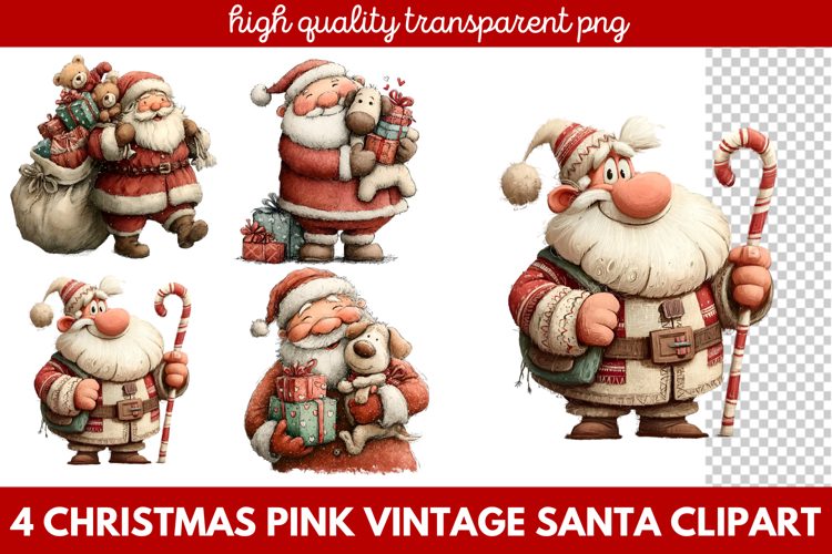 Pink Vintage Santa Clipart | Retro Christmas Santa PNG
