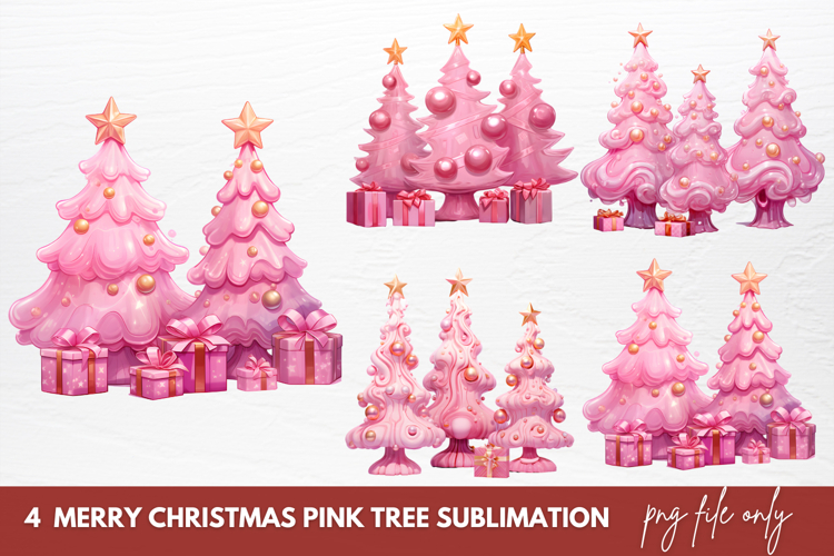 Merry Christmas Pink Tree Clipart Sublimation