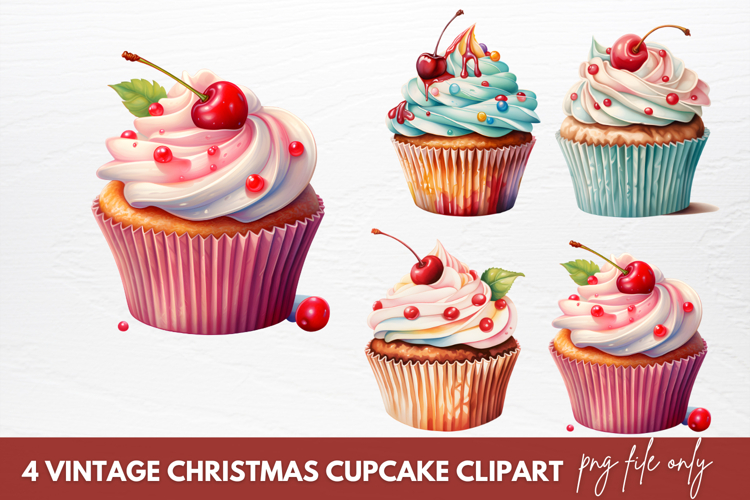 Vintage Christmas Cupcake Clipart Sublimation