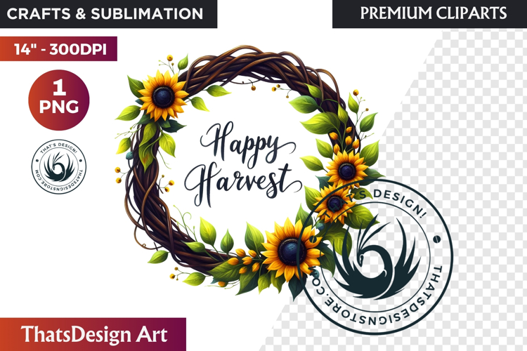 Sunflower Autumn Wreath - Rustic Farmhouse Harvest PNG