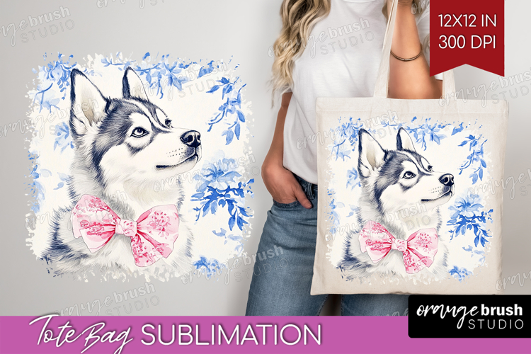 Alaskan Malamute Dog Tote Bag Blue Toile Tote Bag PNG example image 1