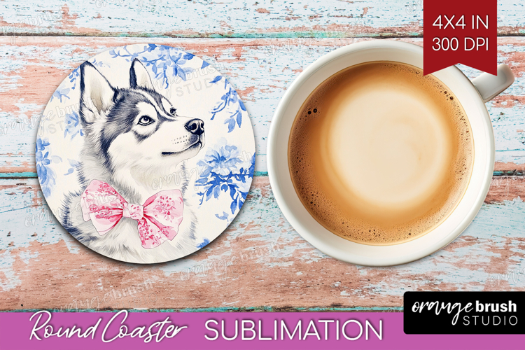 Alaskan Malamute Dog Round Coaster Blue Toile Coaster PNG example image 1