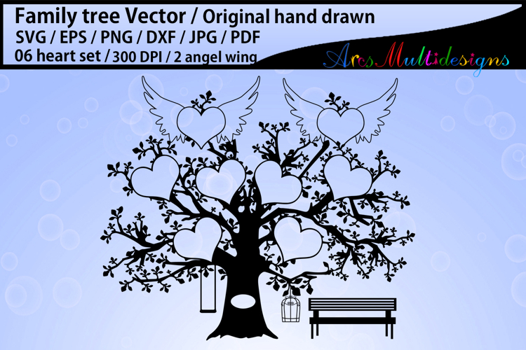 6 heart with 2 angel wing family tree
