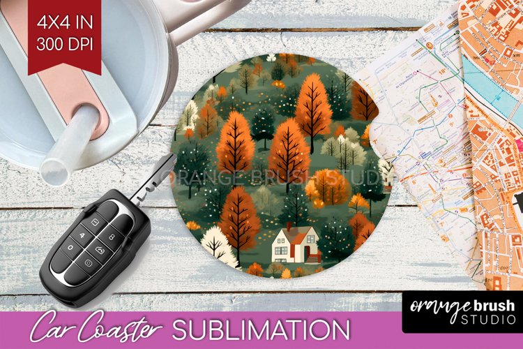 Autumn Forest Car Coaster - Fall Coaster PNG Sublimation