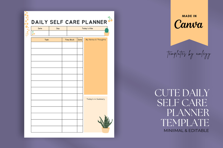 Cute Daily Self Care Planner Template | Printable Canva