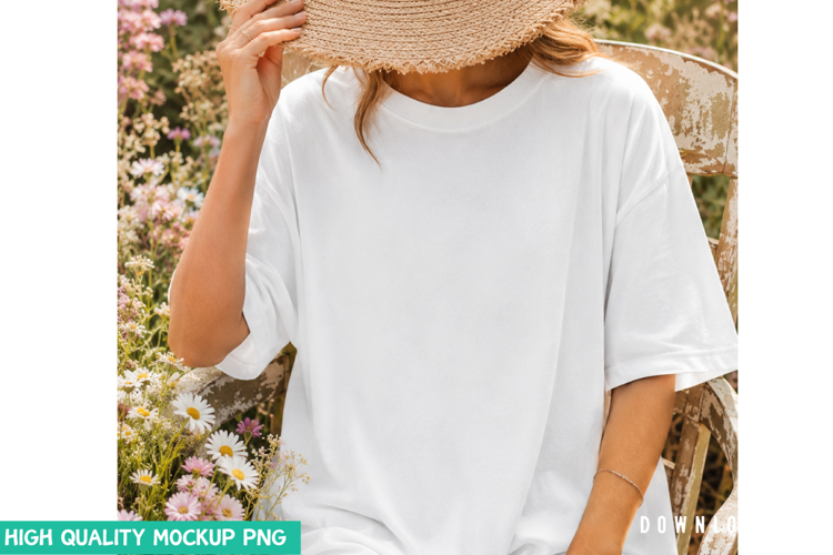 White Oversized Tee Mockup in Floral Garden High PNG File